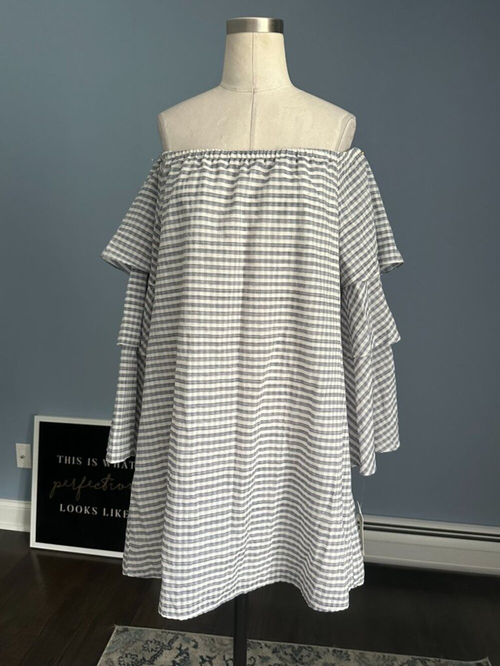 NWT WAYF striped Print Picnic Dress tunic Flared Tiered Sleeves Strapless LARGE